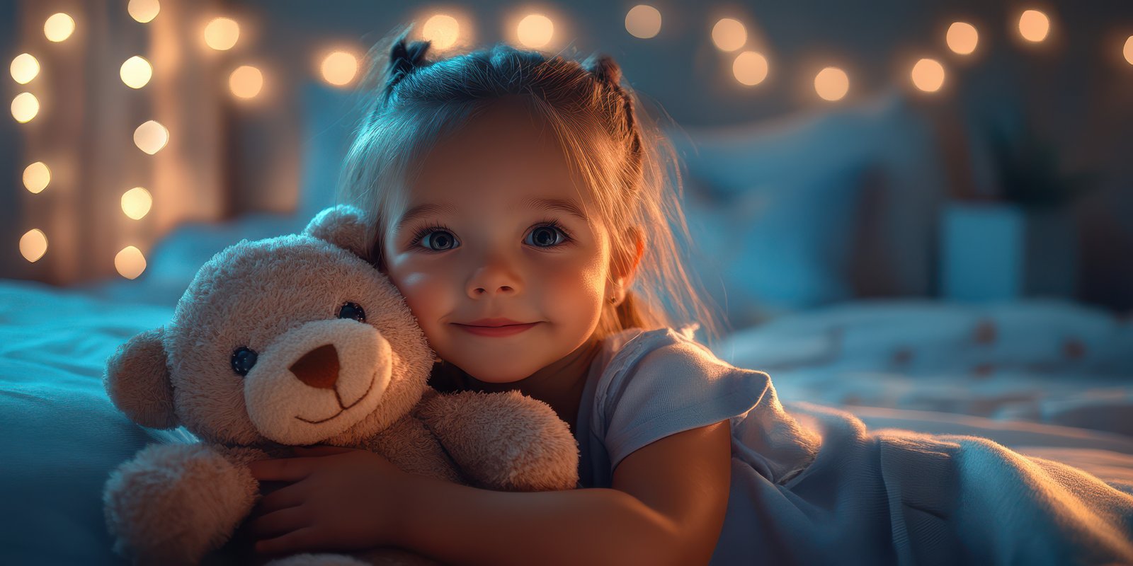 Sweet dreams and cozy moments with a little girl and her teddy bear at night